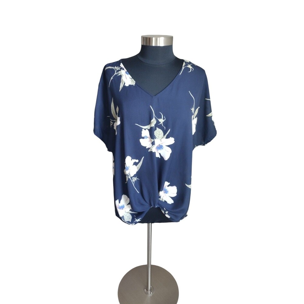 West Kei Size XXL Navy Blue With Floral Pattern Top Twist Blouse Women Stylish